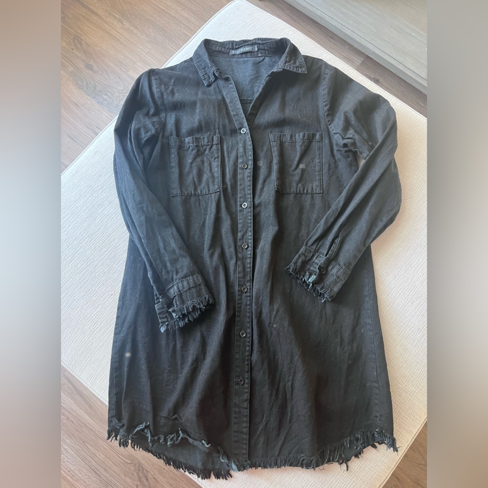 Black Large Distressed Button Up Mini Dress